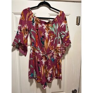 Express Off The Shoulder Floral Bell Sleeve Romper Burgundy Womens Size M